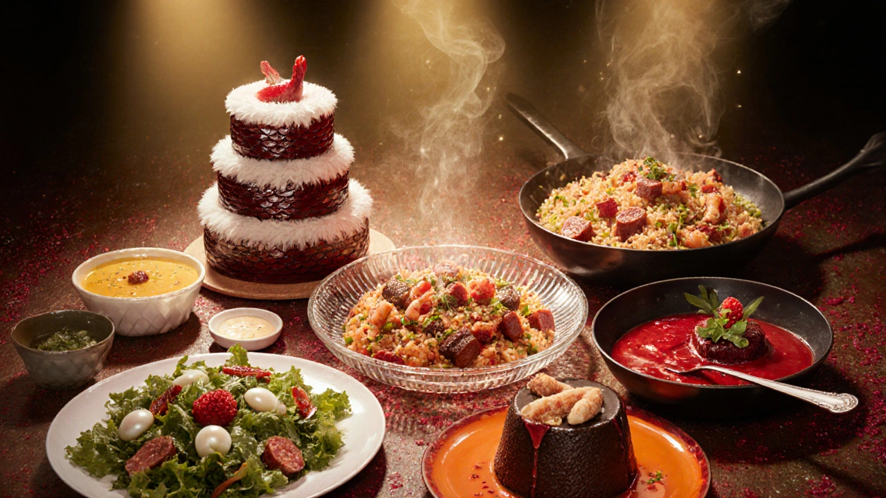 Близкий план блюд: «Селедка под шубой», оливье, бифстроганов, холодец, жареный рис, том ям и шоколадный фондан.