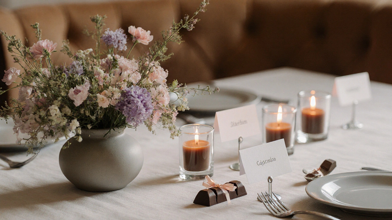 Близкий план цветов, свечей, именных карточек и шоколадных подарков на столе.