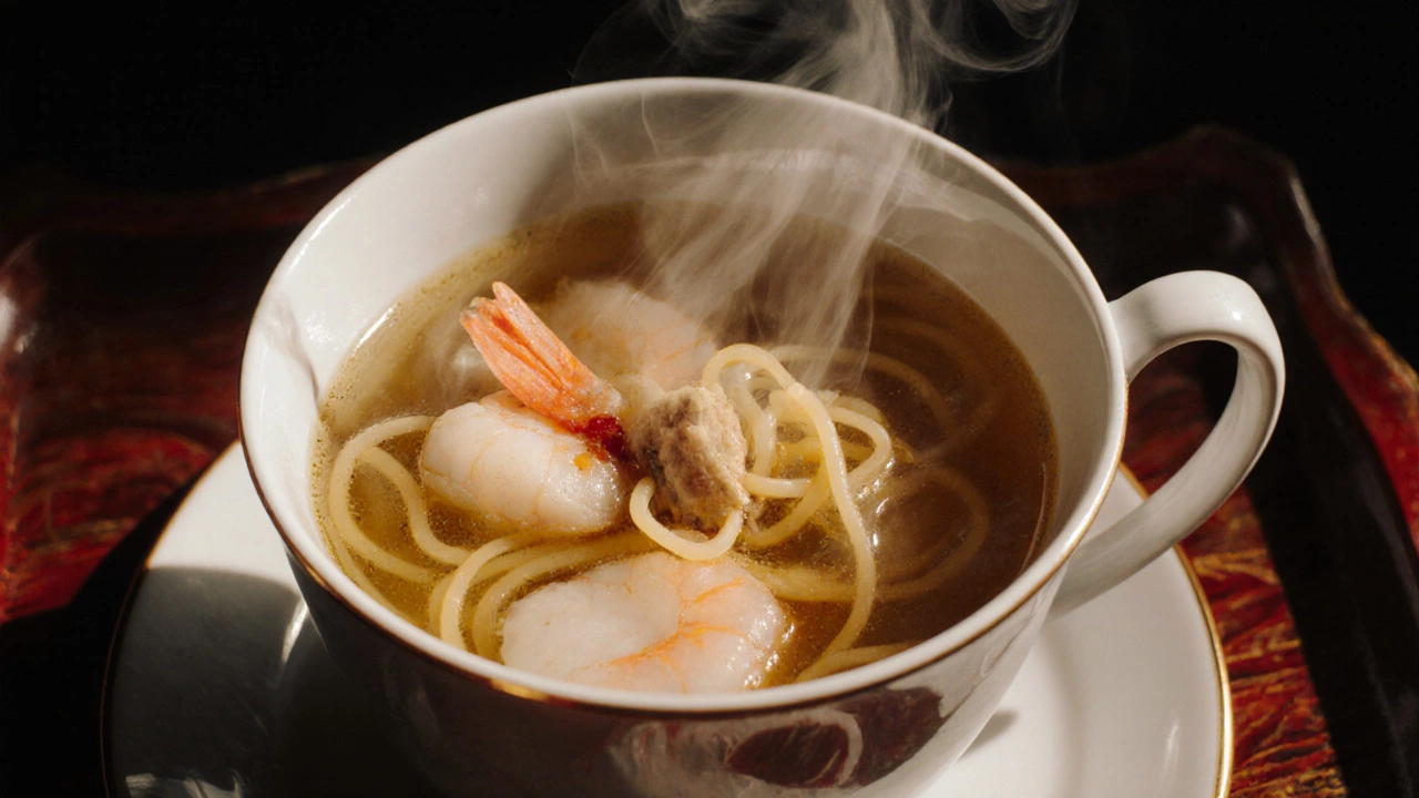 Близкий план супа дракона в чашке: золотая лапша, рыба, пар.