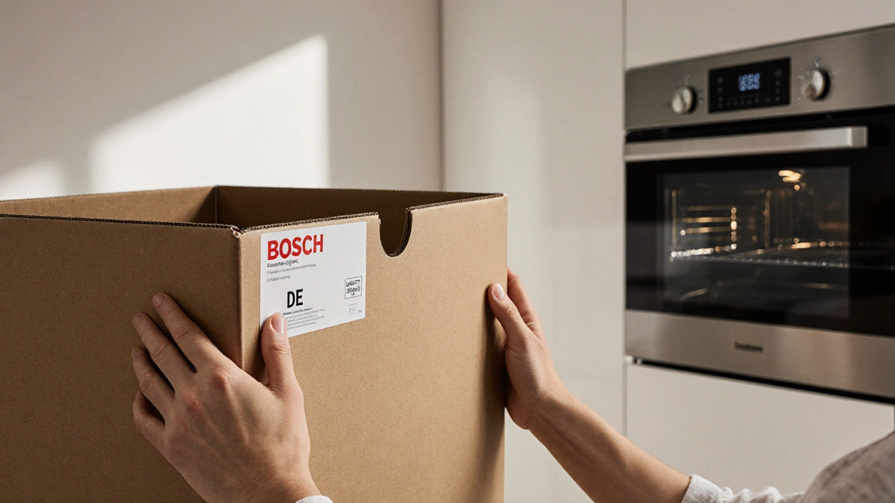 Человек открывает коробку духовки Bosch, виден код страны "DE".