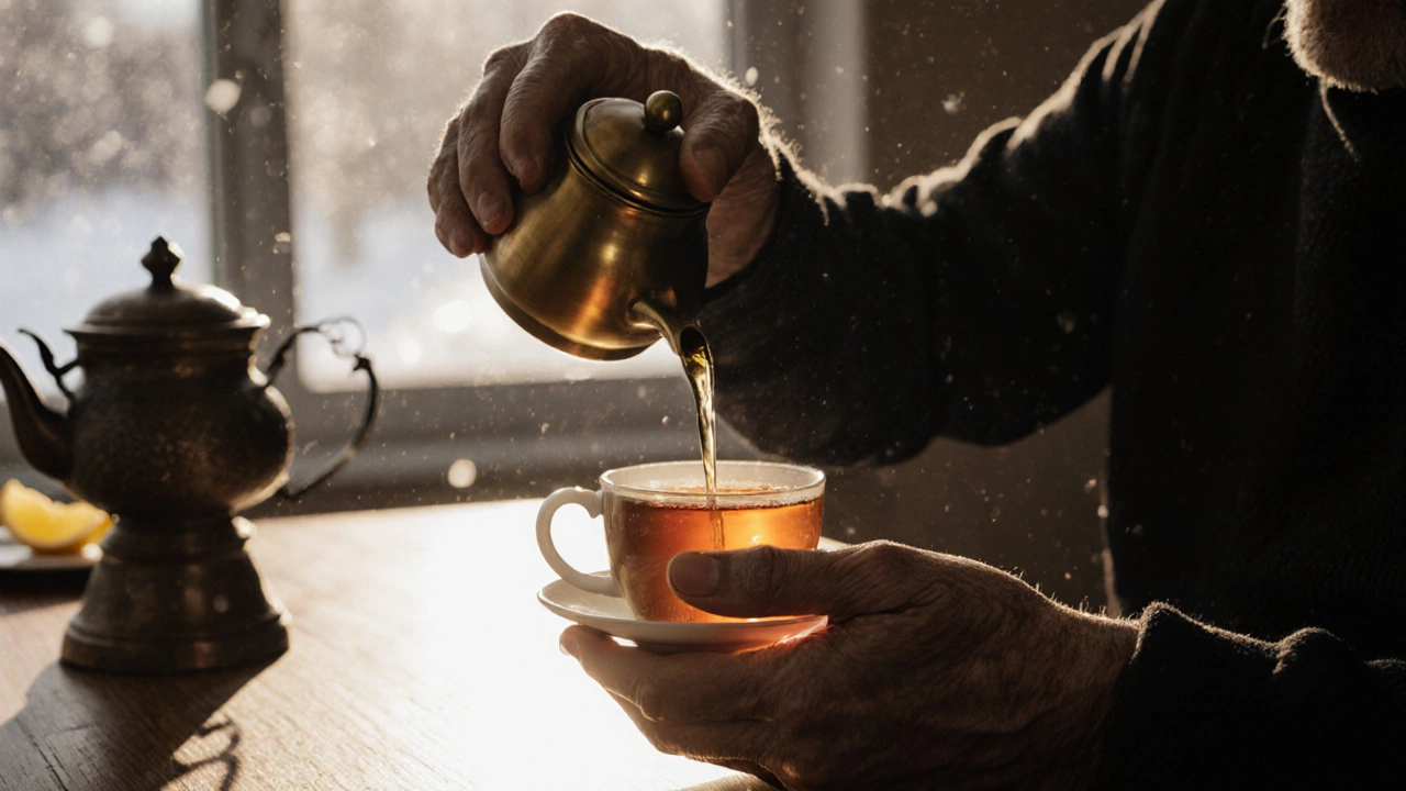 Две руки — старой и молодой — вместе совершают ритуал наливания чая.