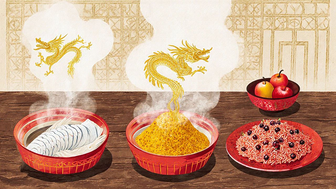 Художественное изображение разрешенных блюд: рыба-чешуя, золотая говядина и рис с ягодами в традиционном китайском стиле.