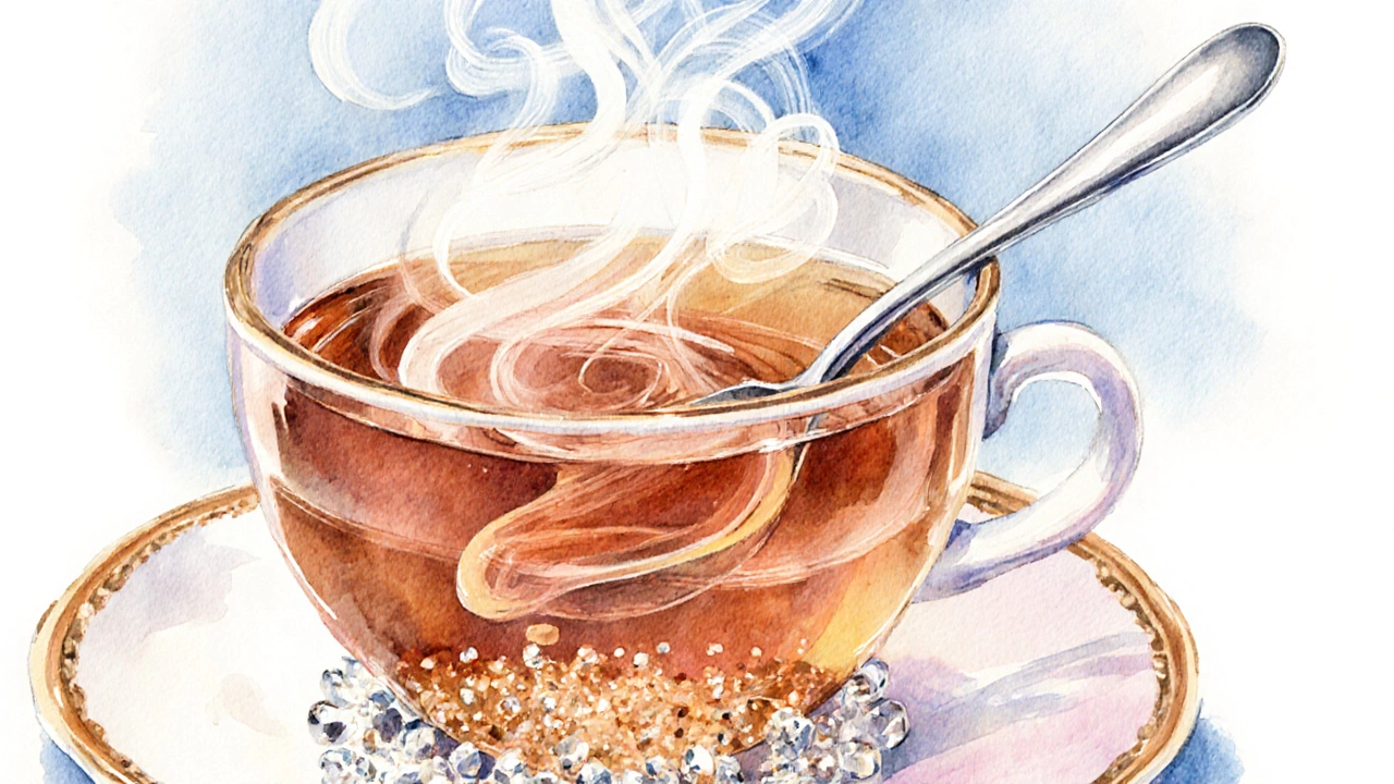 Крупный план: ложка вращается в чашке, поднимается пар.