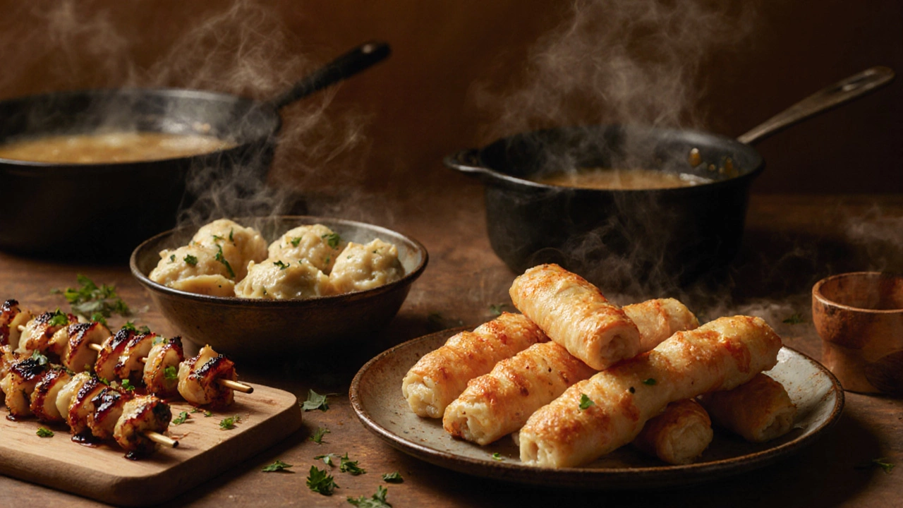 Кухонный стол с горячими закусками: крабовые палочки в тесте, пельмени в сливочном масле и мини‑шашлычки.