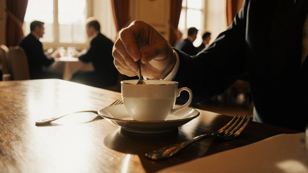 Ложка наклонена на край чашки, гости за столом соблюдают этикет.