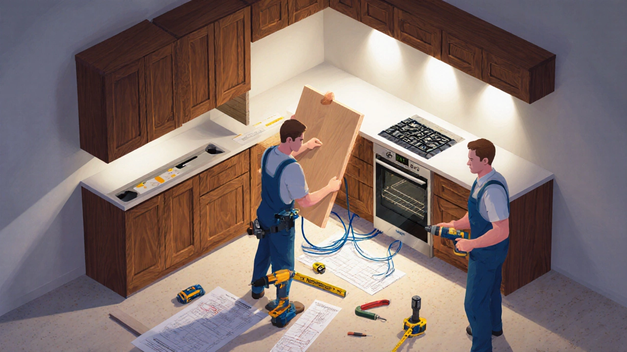 Мастера устанавливают встраиваемую духовку в кухонный модуль.