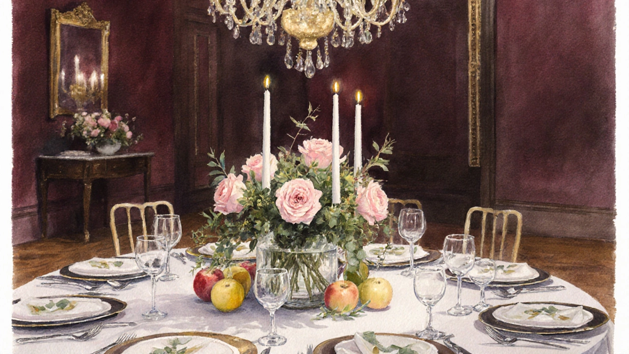 Низкая композиция из цветов, свечей и фруктов на праздничном столе.