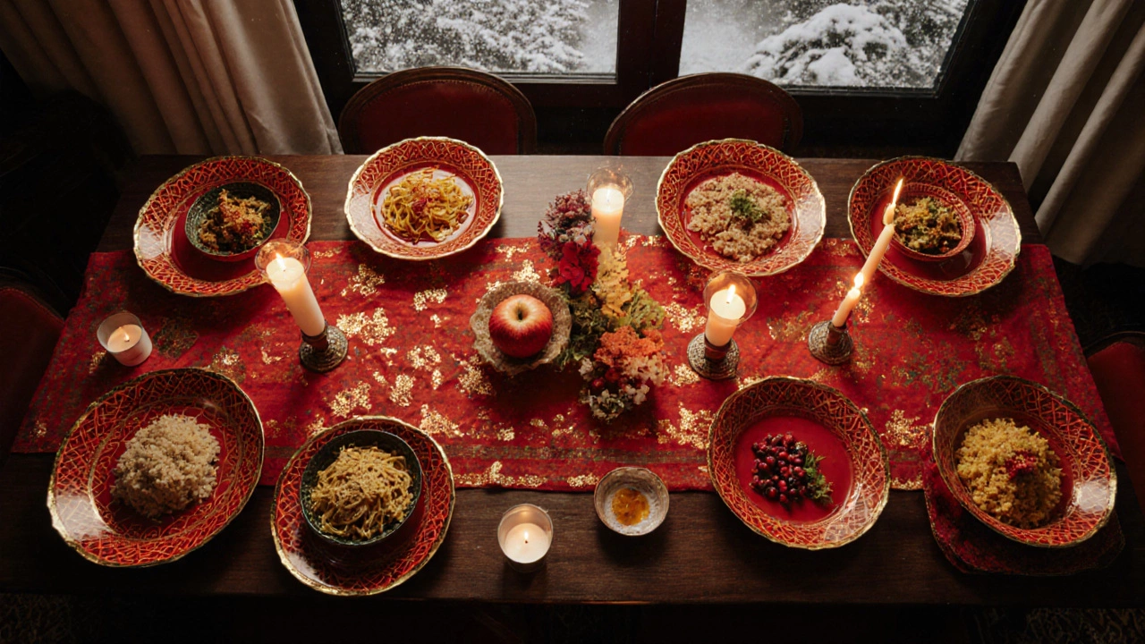 Новогодний стол с восемью блюдами в красной посуде с геометрическим узором, золотыми деталями и белорусскими блюдами.