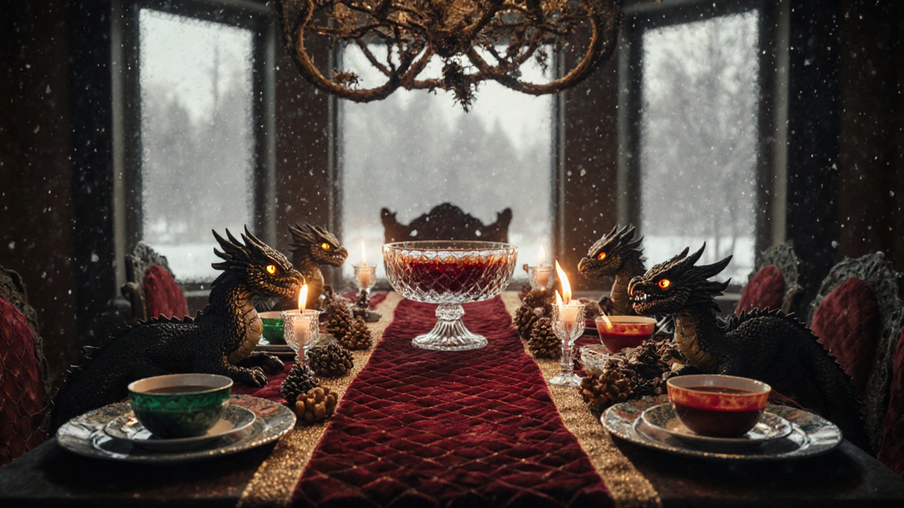 Праздничный стол в виде логова дракона: красный стол, золотые детали, свечи‑пламени и керамические фигурки.