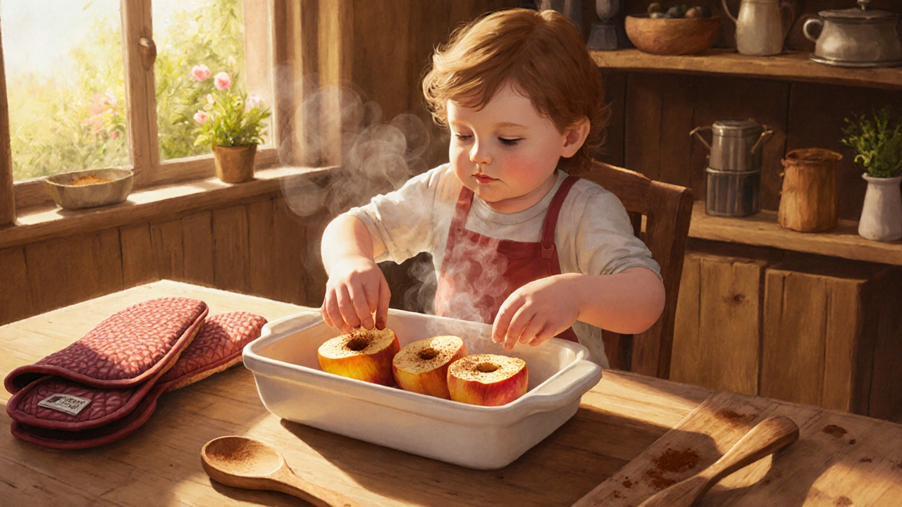 Ребёнок помогает печь яблоки с корицей в кухне с мягким утренним светом.