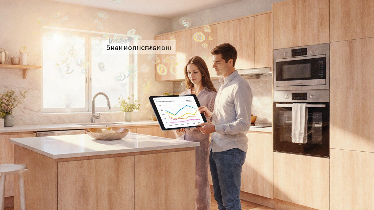 Семья оценивает экономию от встроенной техники в уютной кухне.