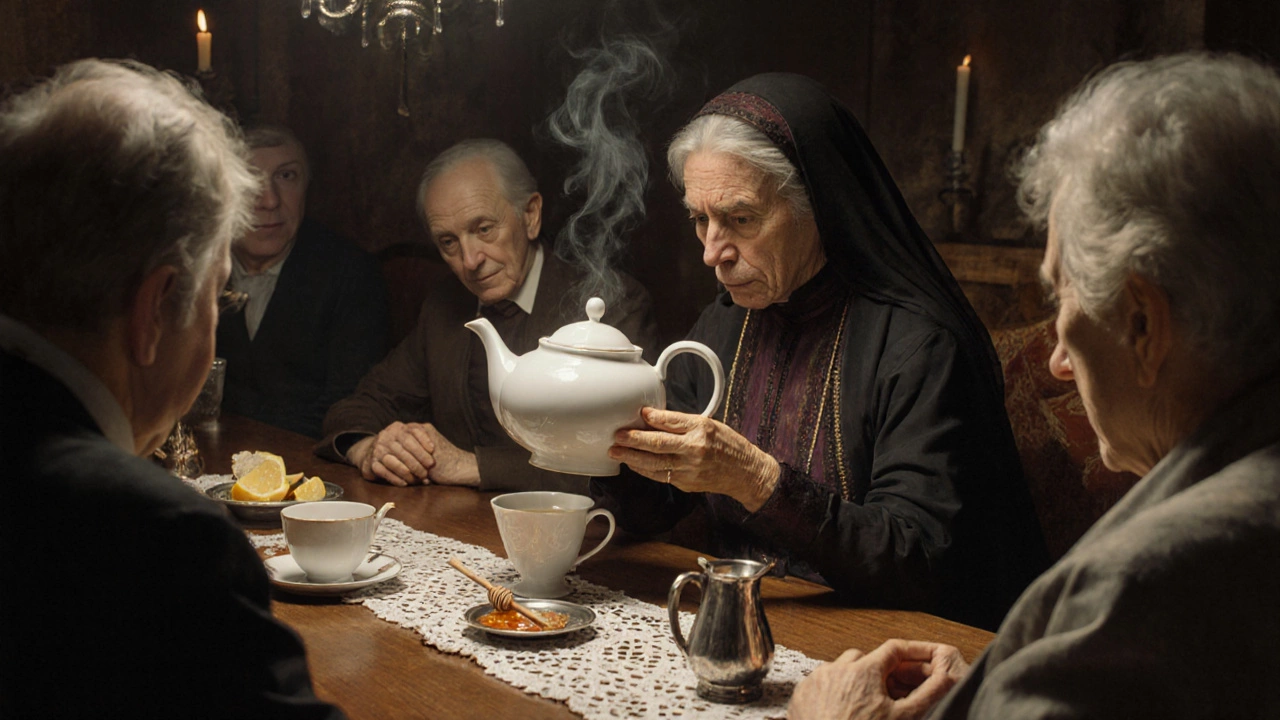 Семейный чайный обряд на праздничном столе: старейшина наливает чай гостю.