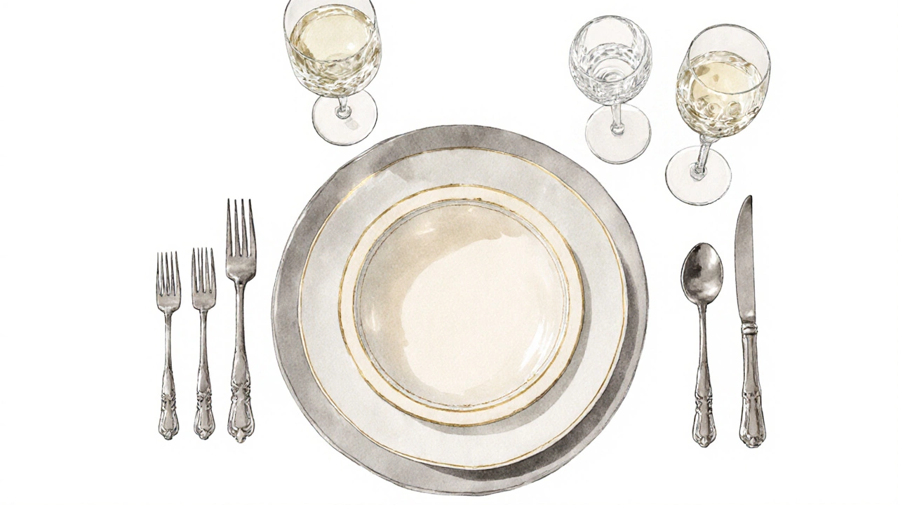 Схема расстановки тарелок, столовых приборов и бокалов по этикету.