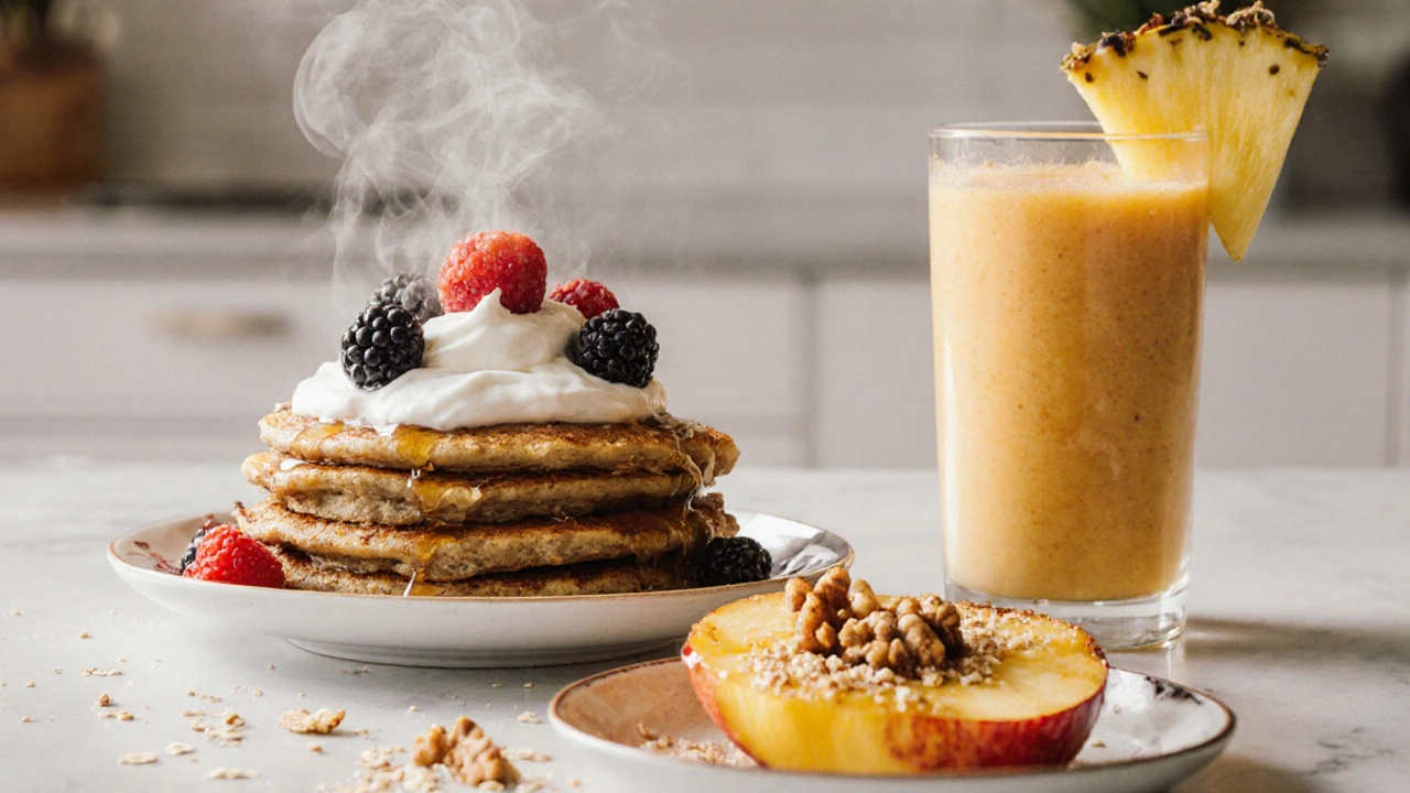 Три безсахарных лакомства: банановые блинчики, печёные яблоки с орехами, манговый смузи.