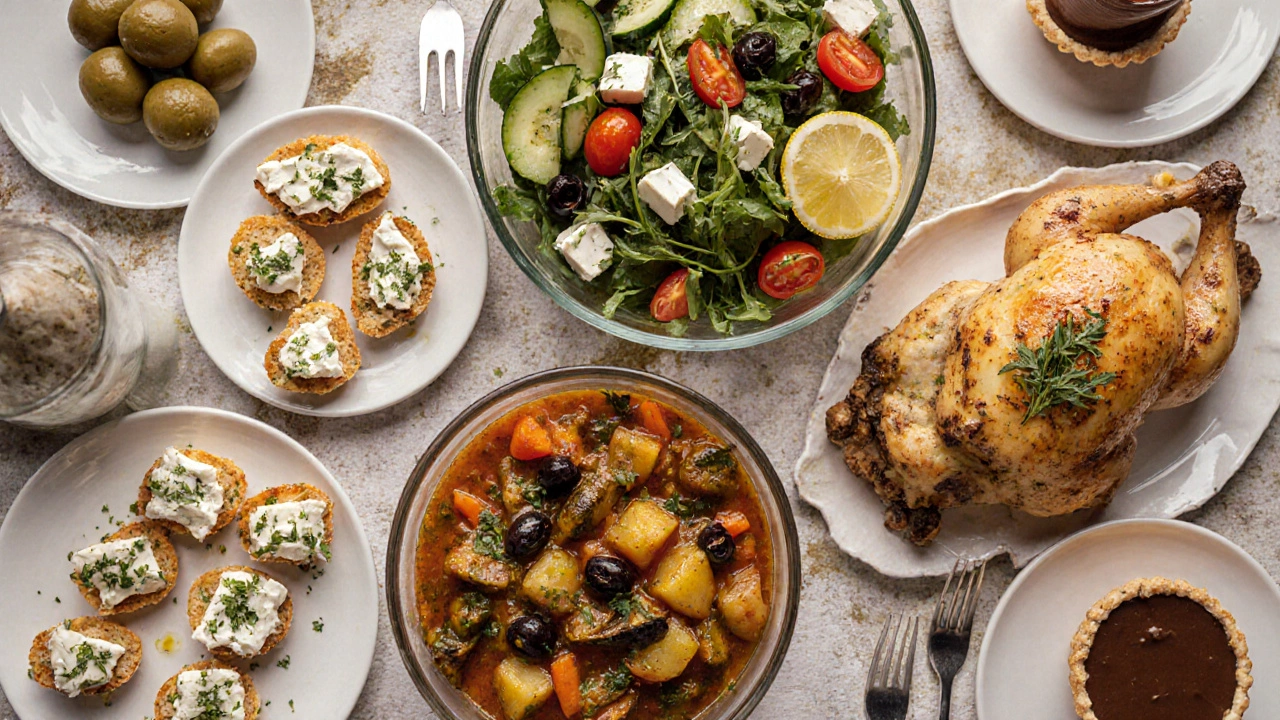 Верхний вид стола с закусками, греческим салатом, овощным рагу, запечённым цыплёнком и десертами.