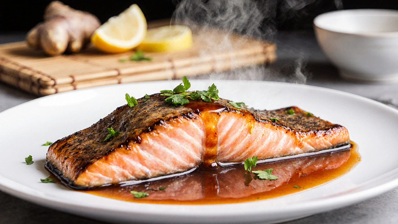 Запечённый лосось с имбирным соусом, украшенный кинзой, на белом керамическом блюде при мягком свете.