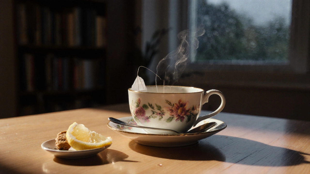 Блюдце с ложечкой, лимоном и крошкой печенья на фоне тёплого света и пара от чая.