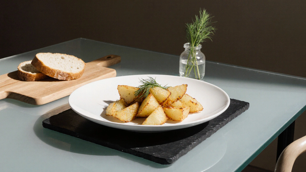 Чёрная керамическая подставка под тарелкой с жареной картошкой на стеклянном столе