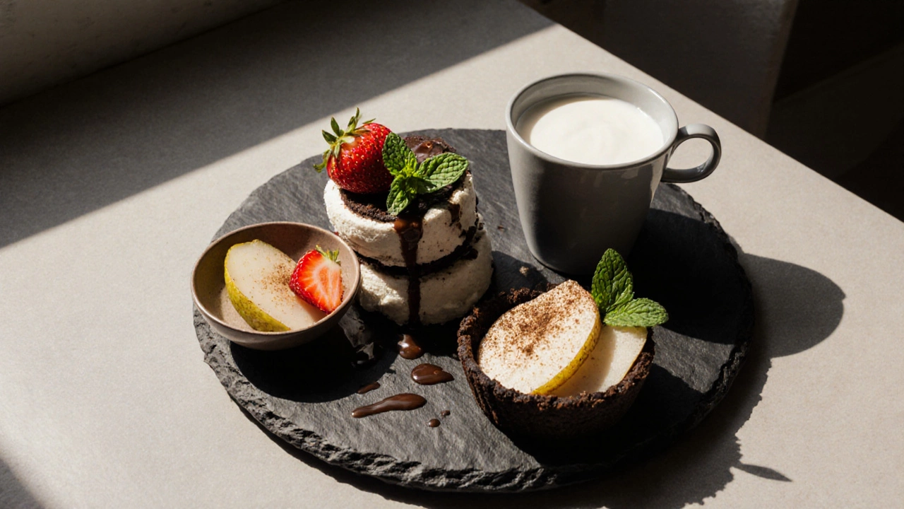 Десерт из мороженого с клубникой и корицей с грушами в йогурте на каменной тарелке.