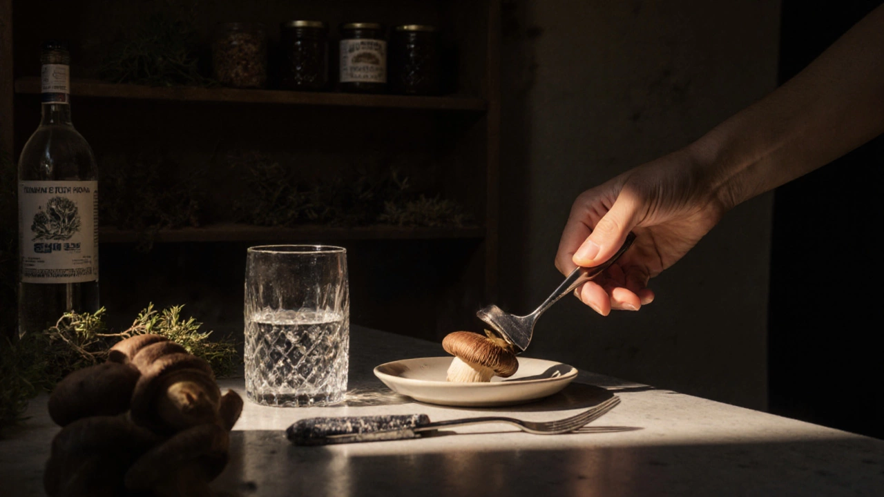 Дикий гриб на керамической тарелке с вилкой, рядом стакан воды и бутылка водки.