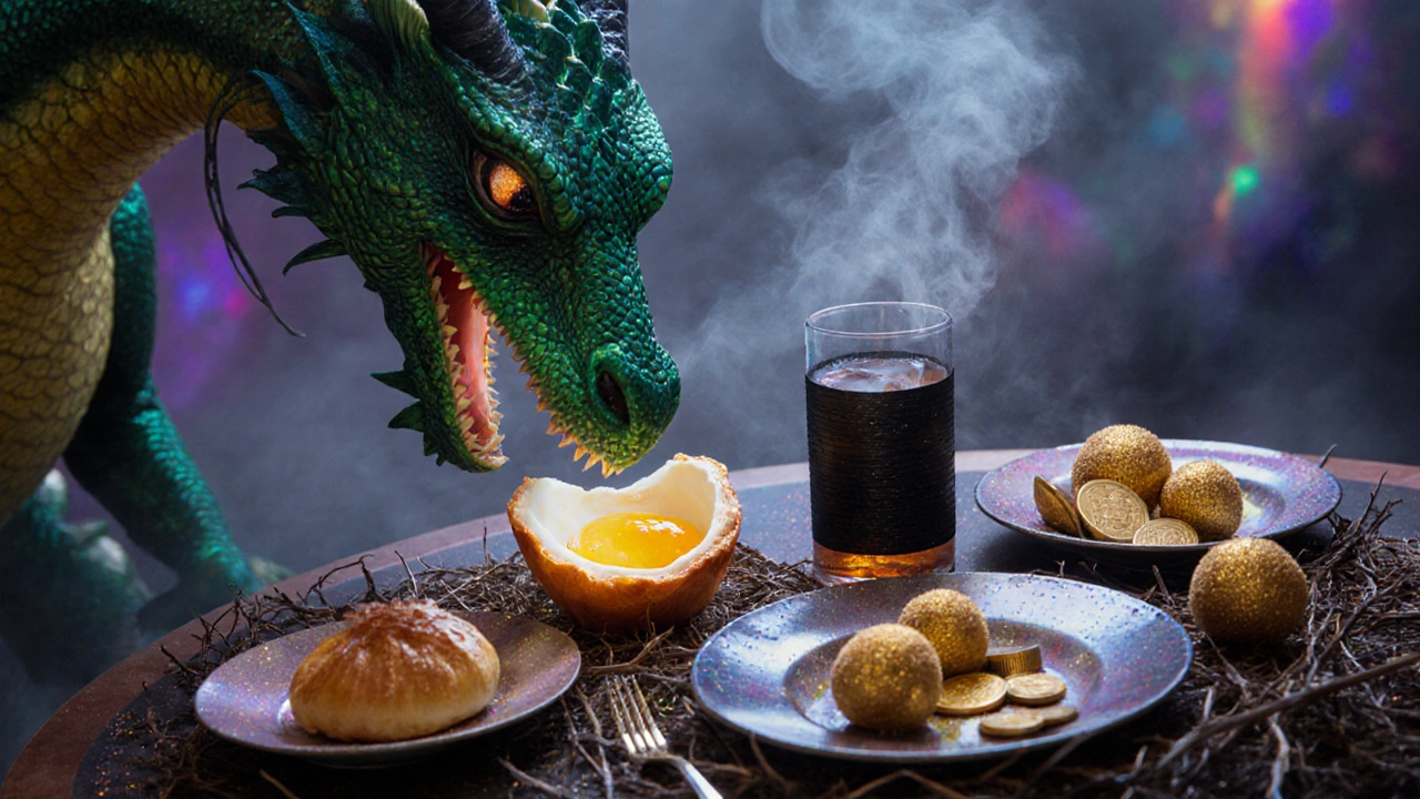 Дракон видит на столе пирожное-яйцо, золотые шарики и коктейль с дымом, как сокровища в сокровищнице.