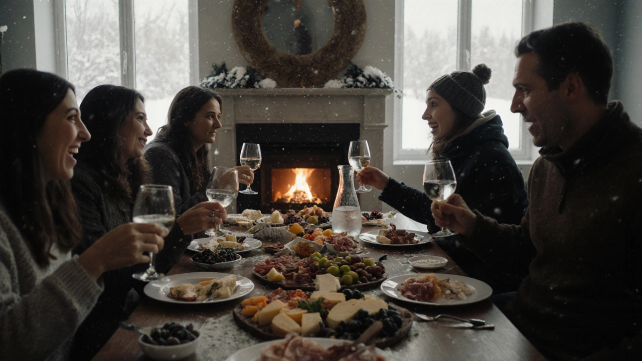 Друзья за столом с холодным фуршетом, наливают вино, улыбаются, за окном — снег, уютный зимний вечер.