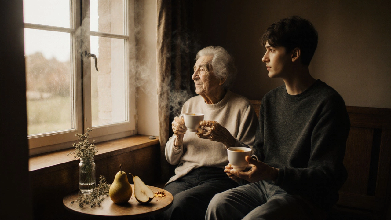 Две фигуры молча пьют чай у окна, рядом — пустые чашки и половина груши в тёплом свете.