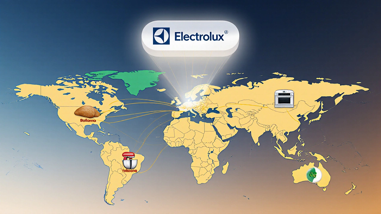 Глобальная карта с соединениями между Швецией, Италией, Польшей, Китаем и Мексикой, символизирующая производство Electrolux