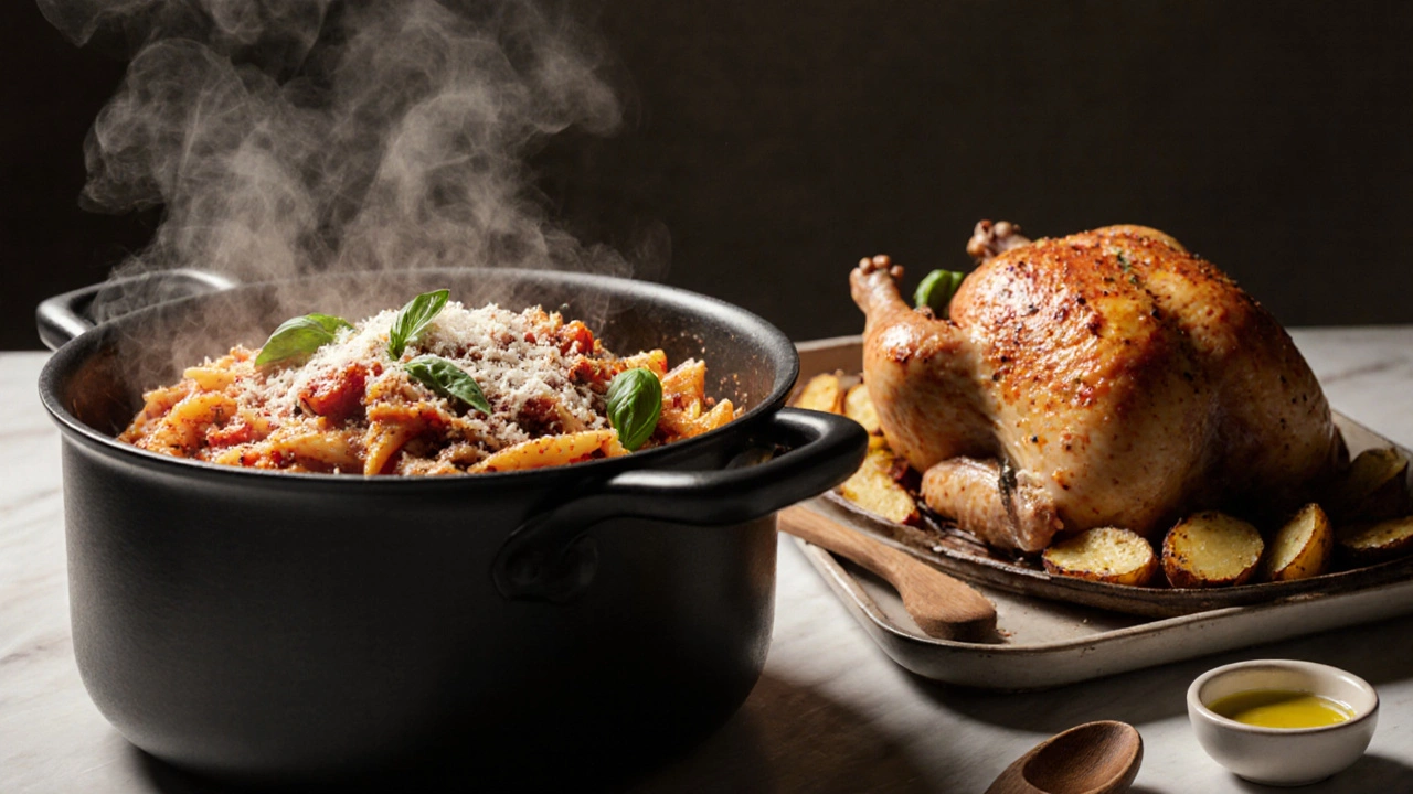 Горячая паста с томатным соусом и запеченная курица с картофелем на керамической тарелке.