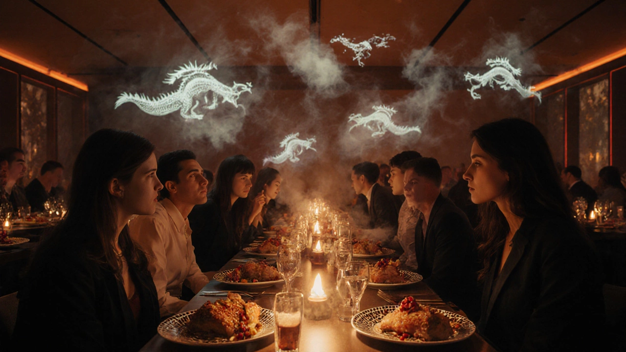 Гости в ресторане смотрят на блюда с драконьей чешуей, вокруг — проекции летающих драконов.