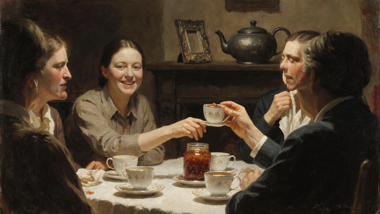 Гости за чайным столом, один предлагает варенье хозяину, атмосфера тёплого общения.