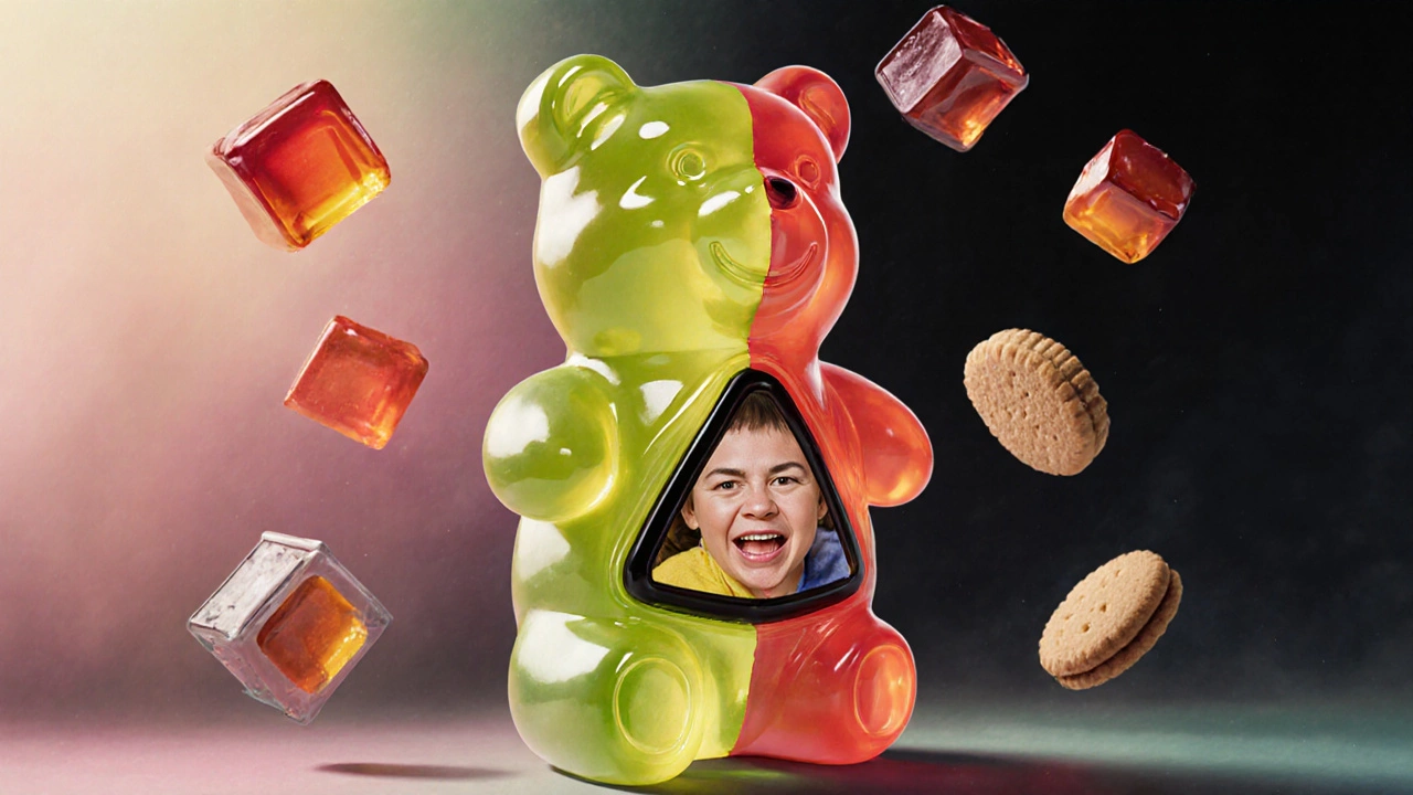 Мармеладный мишка как предупреждающий знак с изображением закупорки дыхательных путей.