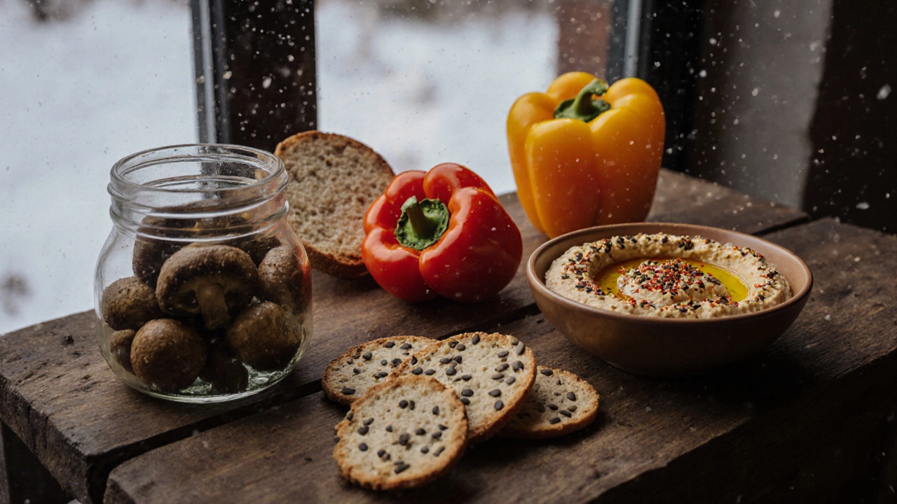 Миски с хумусом, маринованными грибами, крекерами и нарезанными овощами на деревянном столе в зимнем интерьере.