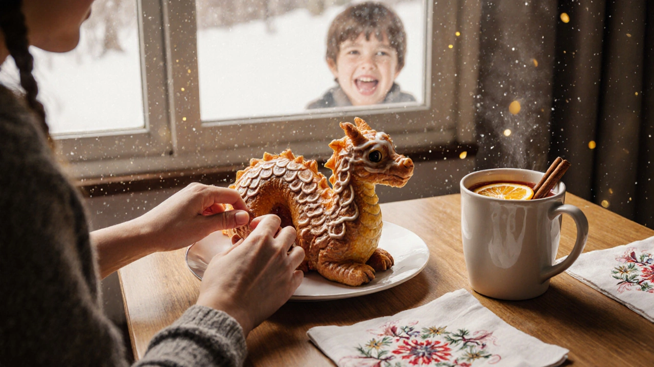 Печенье в форме драконьей чешуи и специальное вино на деревянном столе рядом с керамической кружкой.