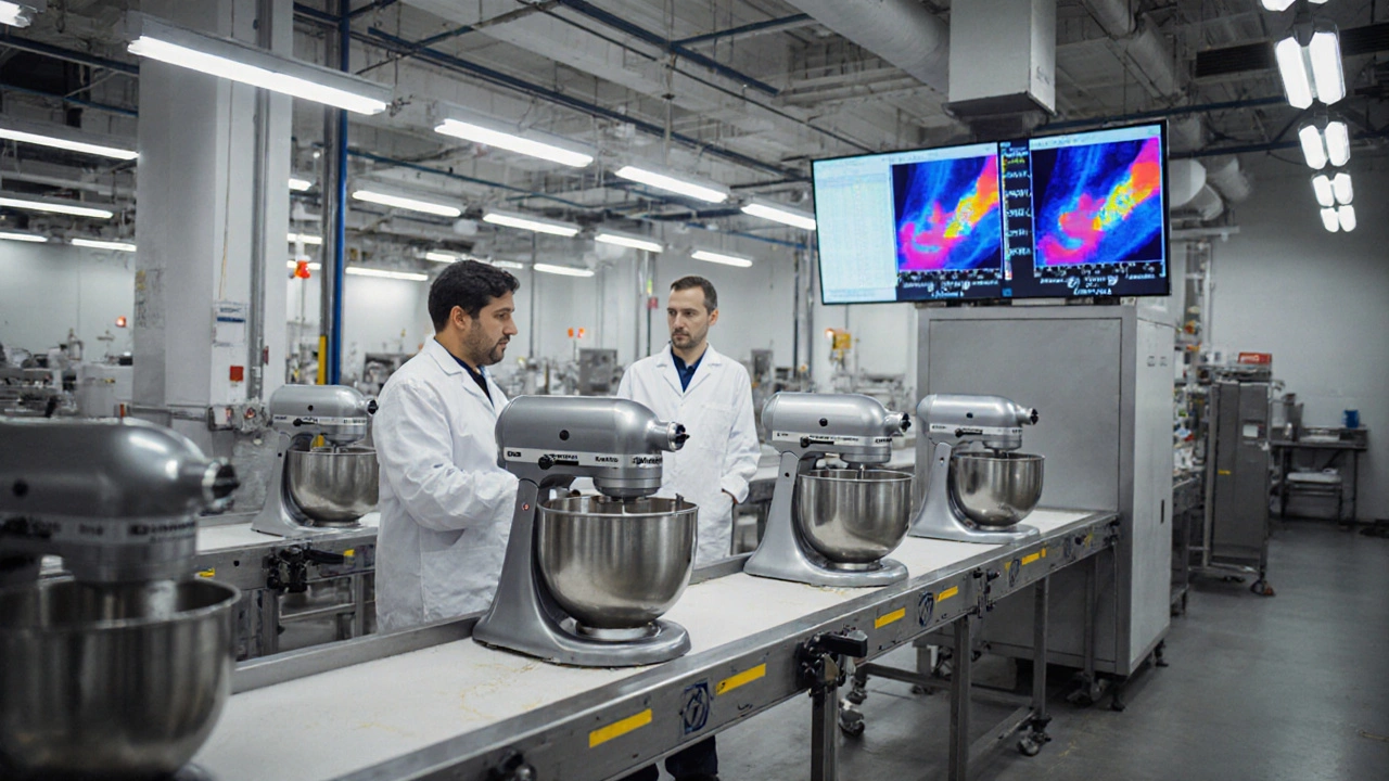 Рабочие в лаборатории тестируют миксеры Electrolux на долговечность мотора