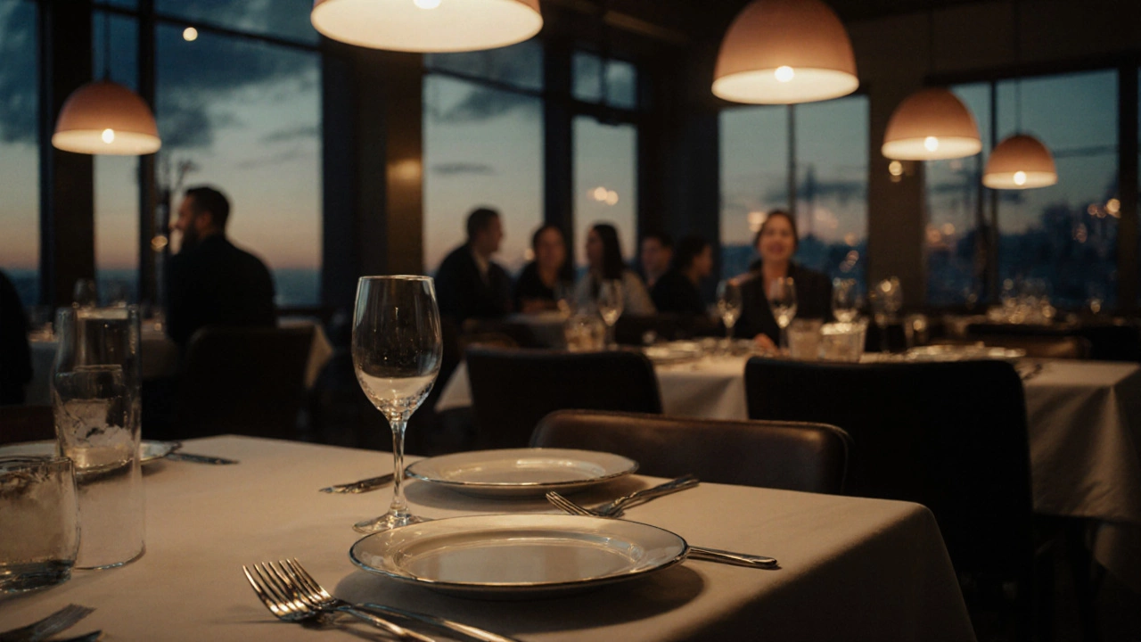 Ресторанный стол с чистыми тарелками и серебряной посудой при тёплом освещении вечернего времени.