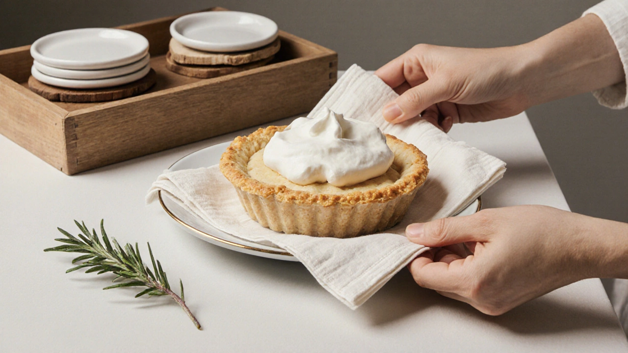 Рука кладёт сложенную салфетку под десертную тарелку с кремовым пирогом