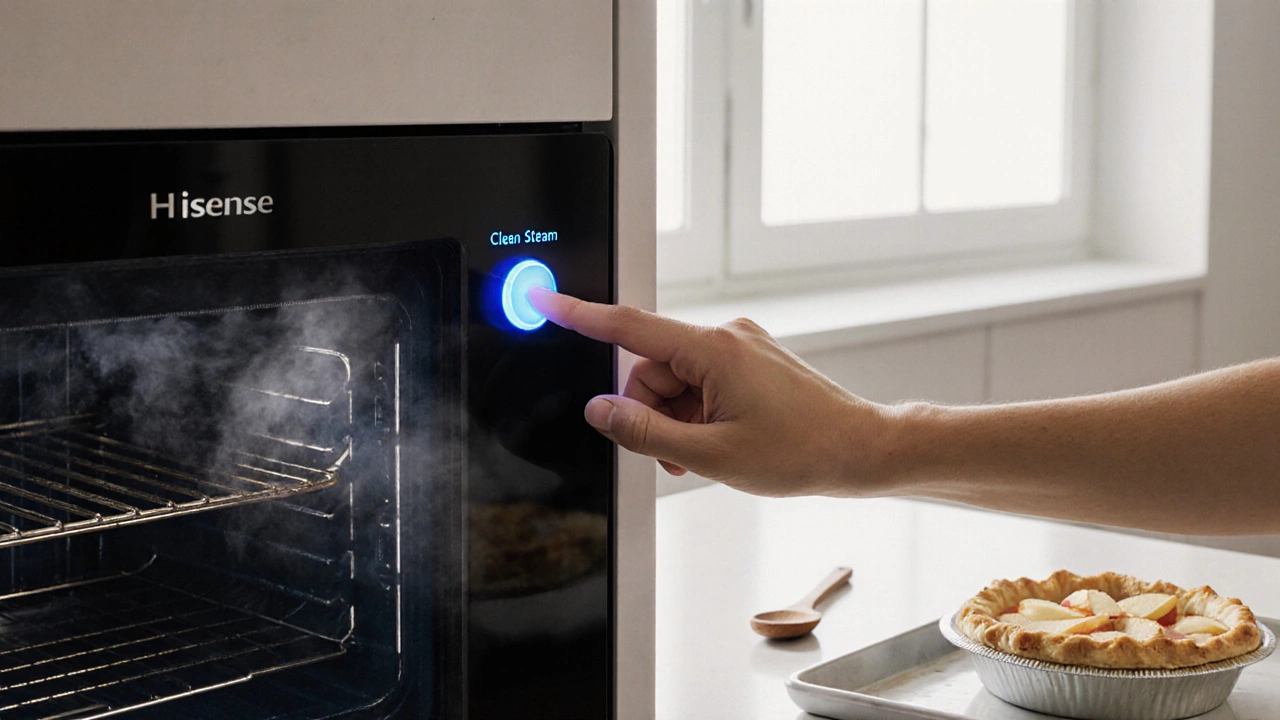 Рука нажимает кнопку паровой очистки на духовке Hisense, внутри появляется легкий туман.