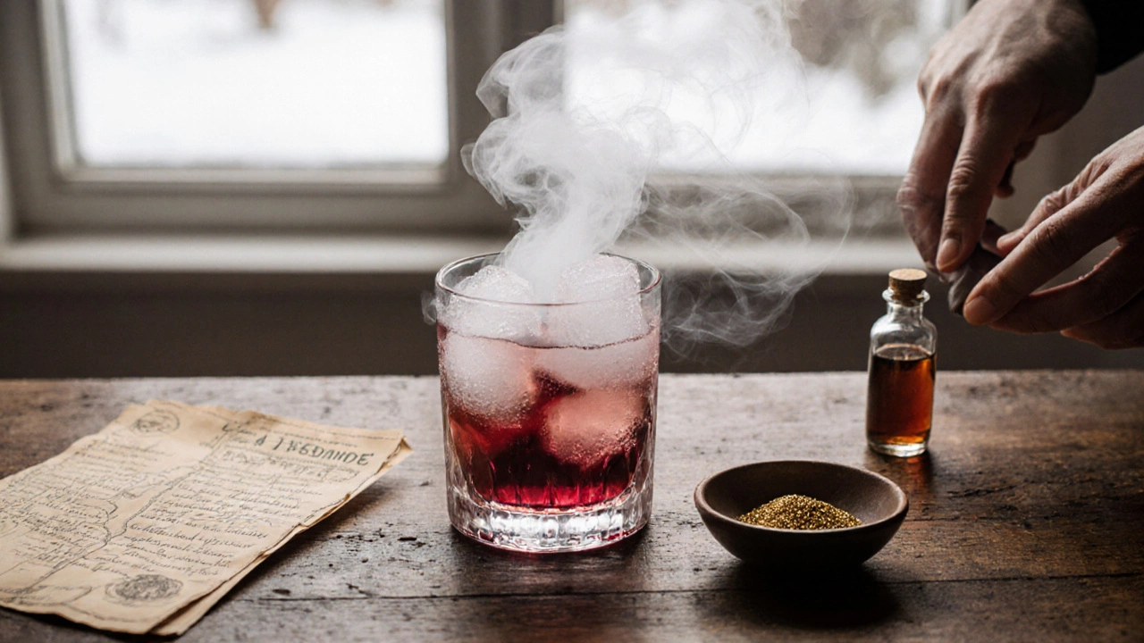 Руки готовят коктейль с сухим льдом и съедобными лепестками роз на деревянной доске с золотой пудрой.