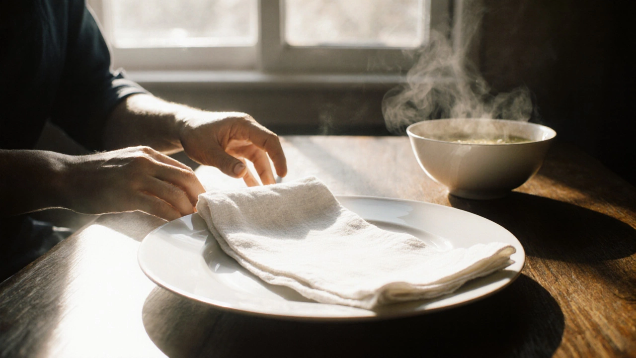 Руки ставят тарелку с салфеткой на деревянный стол, рядом начинает появляться горячий суп.