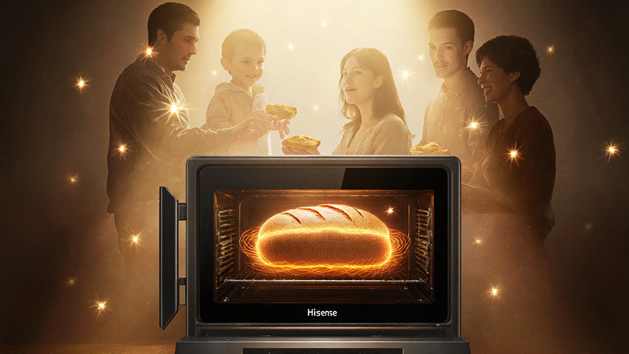 Символическое изображение духовки Hisense как хранителя выпечки, с датчиками, измеряющими тепло и влажность.