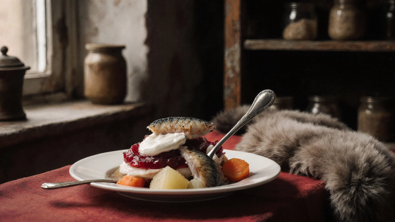 Слойки селёдки под шубой на серебряной ложке, видны морковь, свёкла и майонез.