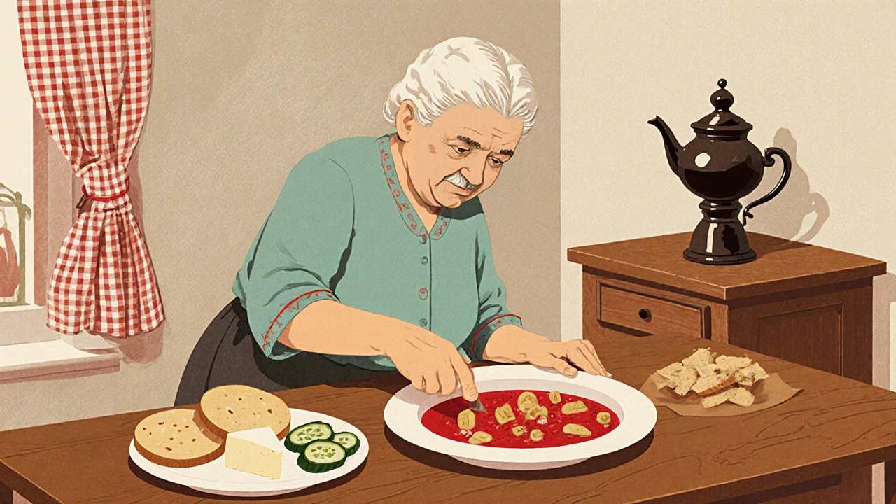 В советском стиле бабушка сервирует стол двумя тарелками: основное блюдо и закуски.