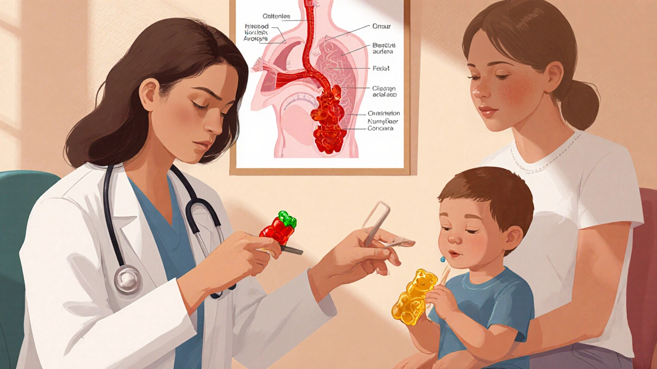 Врач показывает маме, как правильно резать мармелад для малыша.