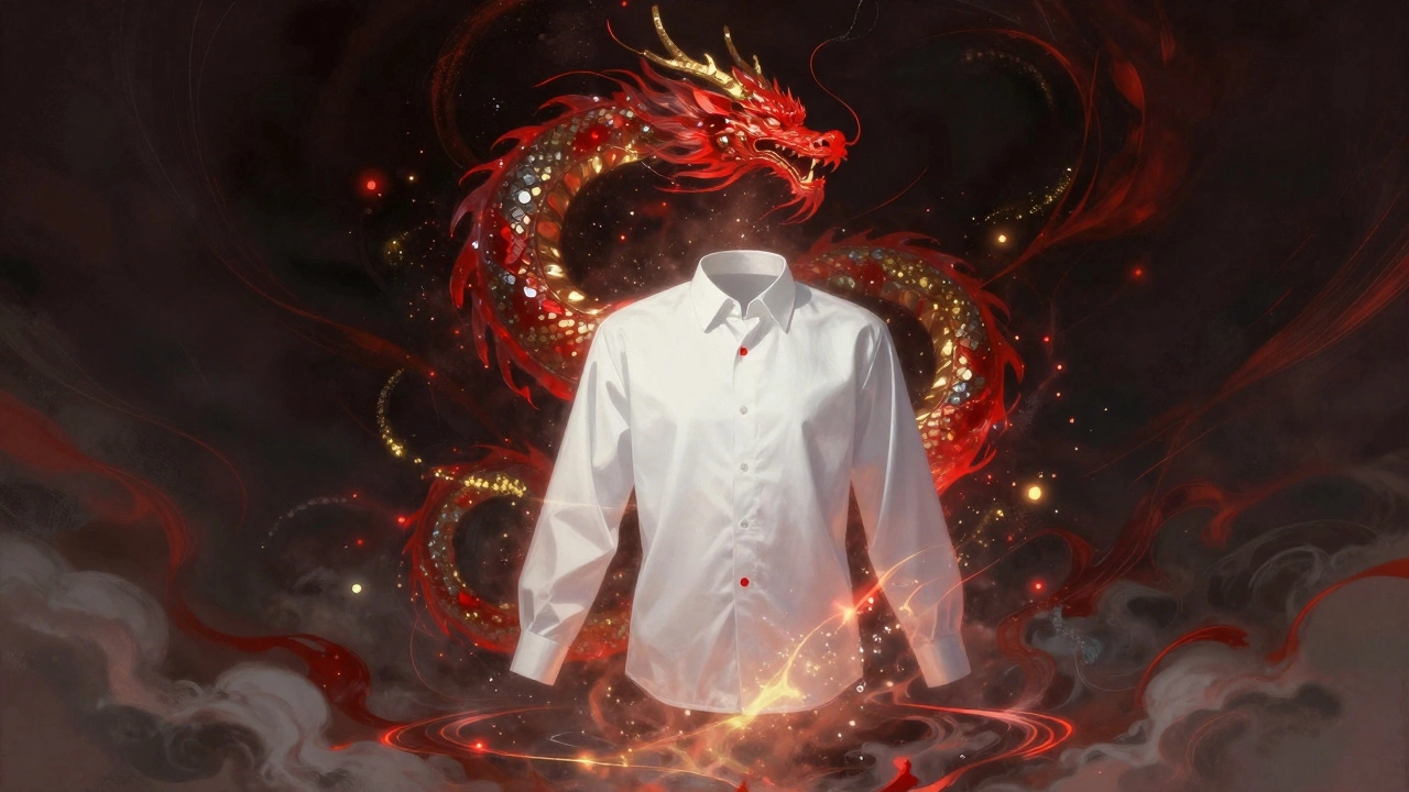 Белая рубашка с одной красной пуговицей, окружённая светящимися частицами, формирующими дракона.