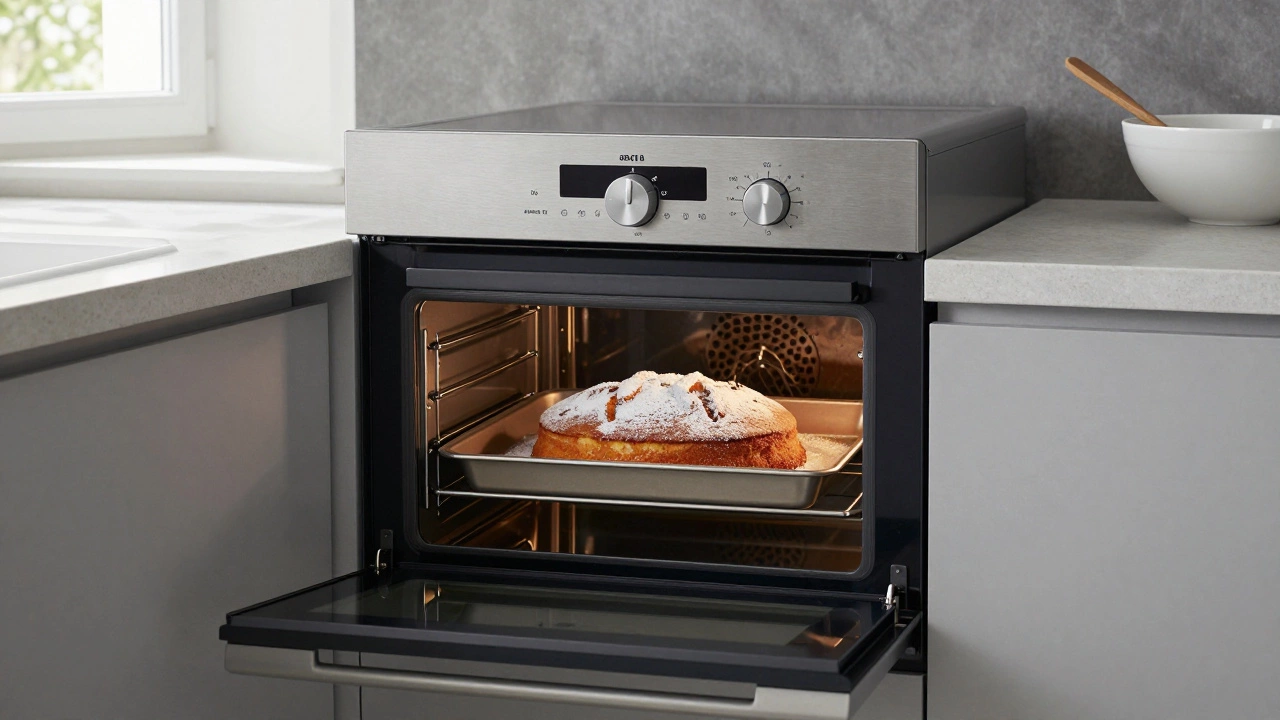 Bosch oven with a baked cake inside, simple mechanical dial, natural light in a home kitchen.