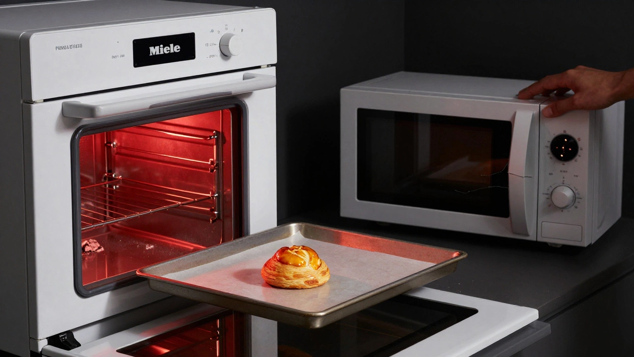 Чистая печь после самоочистки, рядом — сломанная микроволновка, на переднем плане — идеальная слоеная выпечка.