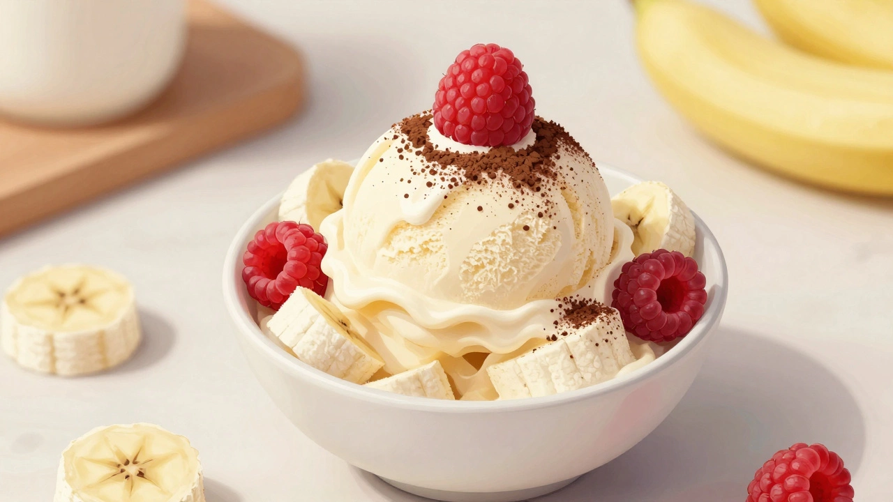 Домашнее мороженое из бананов с какао и малиной в маленькой миске.