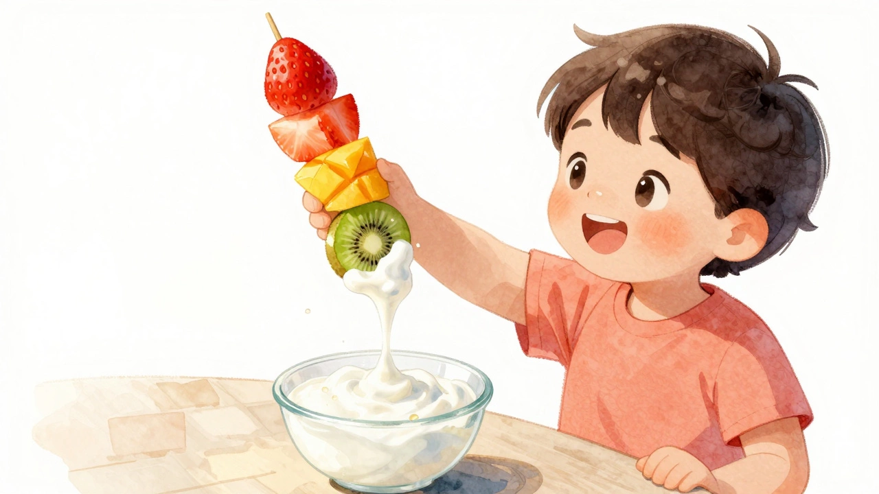 Ребёнок держит фруктовый шашлычок с йогуртом.