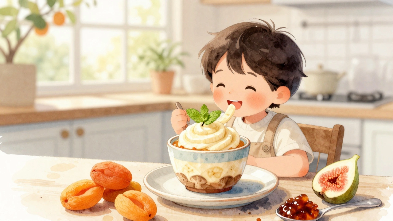 Ребёнок ест кремовый десерт из банана и ягод с листиком мяты в керамической чашке.